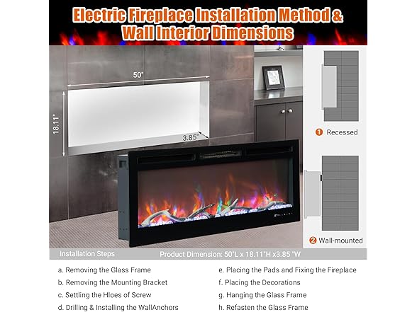 Smart Electric Fireplace 50in Black