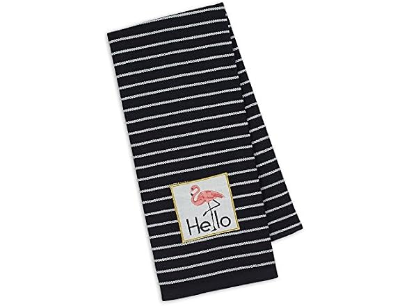 DII Hello Pink Flamingo Dish Towel Embellished Cotton Black