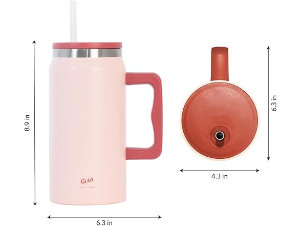 Glad Pioneer Stainless Steel Tumbler with Lid and Straw, 47oz, Rust