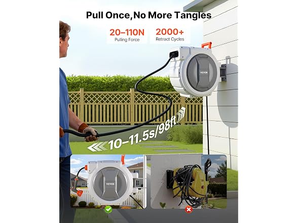 Retractable Hose Reel, 130 ft x 1/2 inch, 180°