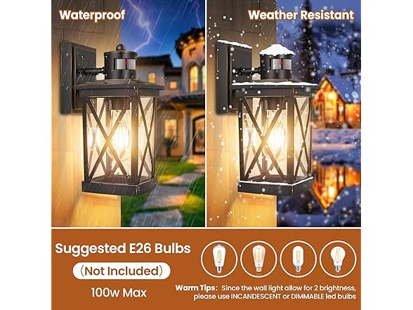 TOBUSA 2-Pack Motion Sensor Outdoor Wall Lanterns Waterproof