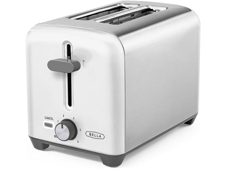 BELLA 2 Slice Toaster, Quick & Even Results Every Time, Wide Slots Fit Any Size Bread Like Bagels or Texas Toast, Drop-Down Crumb Tray for Easy Clean Up, Stainless Steel and White