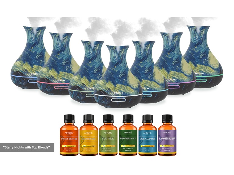 Starry Night Ultrasonic Aromatherapy Diffuser with Essential Oils Set (7-Pack)
