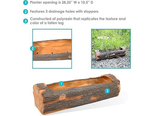 Sunnydaze 35-Inch Polyresin Rustic Log Planter