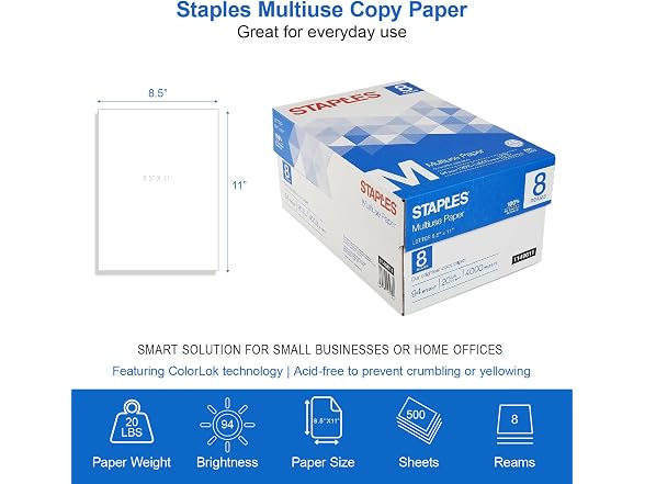 Staples Multipurpose Copy Printer Paper, 20 White