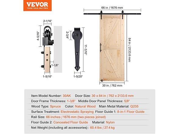 Barn Door and Hardware Kit, 30" x 84" Wood