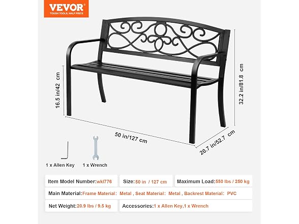 Outdoor Bench, 50 inches Metal Garden Bench for