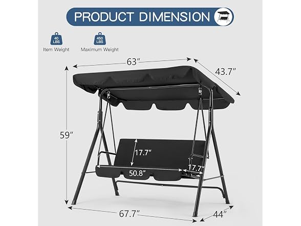 Esright Patio Swings Outdoor, 3-Seat Outdoor Porch Swing Chair