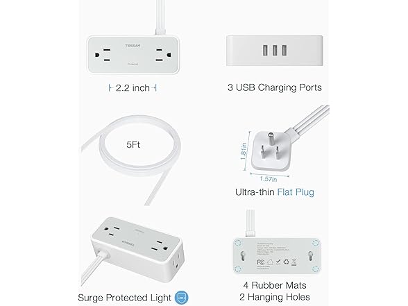 TESSAN 5ft SP Power Strip (4 Outlets, 3 USB-A)