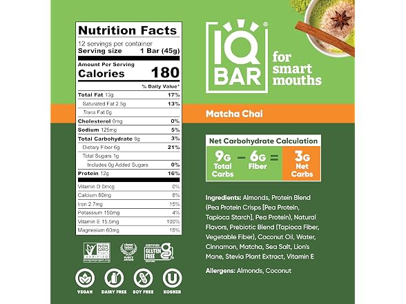 24CT IQBAR Clean Plant Protein Bars - Matcha Chai