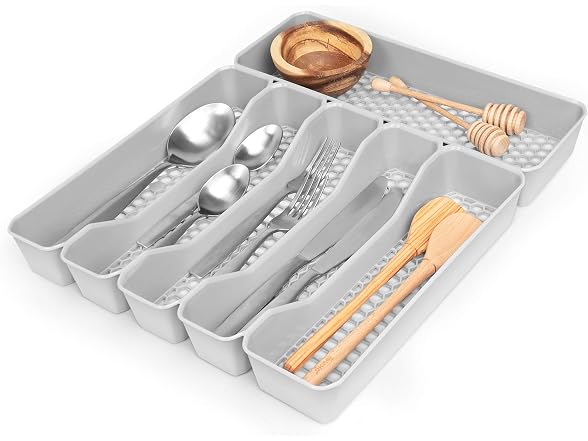Spectrum HEXA 5-Divider Expandable Silverware Tray (Stone Gray) 