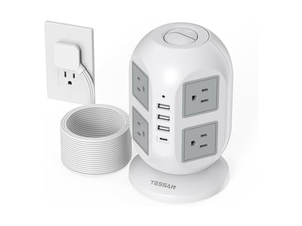 TESSAN 15ft Cord Power Tower (8 Outlets, 1 USB-C, 3 USB-A)