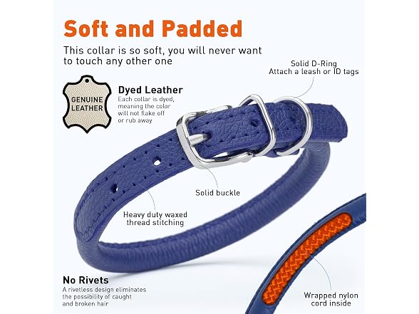 Dogline 1/3 by 13-16" Round Leather Collar,