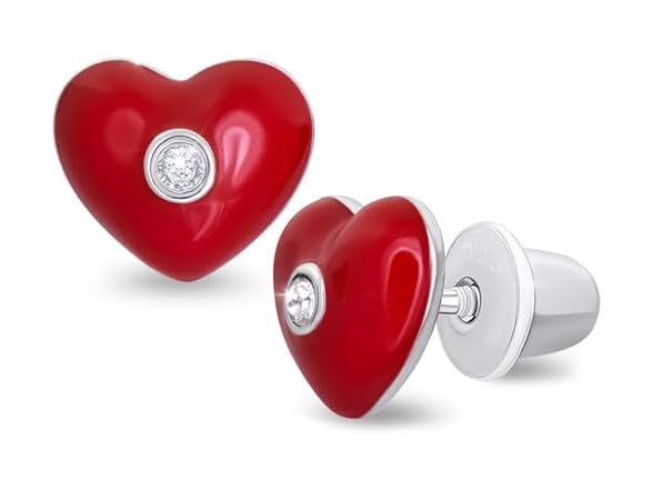 925 Sterling Silver Heart Red Earrings