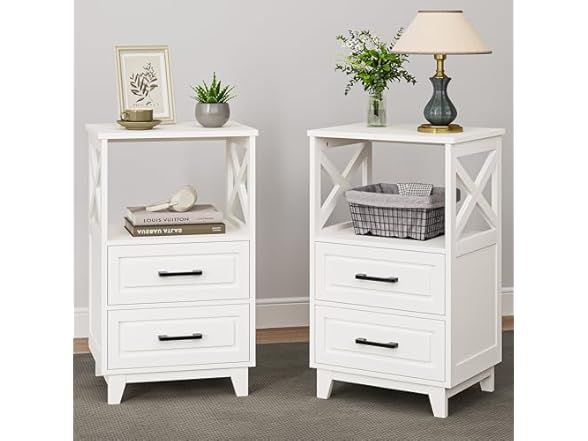 RoyalCraft 30" Tall Nightstand, Modern Painted Bedside Table with 2 Drawers and Open Shelf, Wood Side Table for Bedroom, Home Office, White-Open Shelf Above, Set of 2 (Open Box)