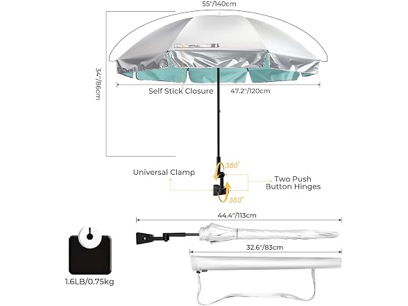 Prospo 55 Inch Beach Chair Umbrella w Adjustable Clamp