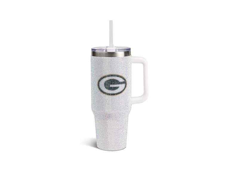 The Memory Company Officially Licensed NFL 40oz Stainless Steel Tumbler - Double Wall Insulated Travel Cup with Handle and Straw Lid - Crystal Rhinestone Design