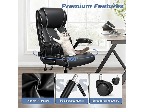 BESTFAIR Ergonomic Office Chair - Desk Computer Chair, Leather High Back Executive Chairs with Adjustable Lumbar Support & Flip Up Arms, Rocking, Black (Open Box)