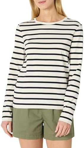 Amazon Essentials Women's 100% Cotton Regular-Fit Long-Sleeve Crewneck T-Shirt, Eggshell White Black Mariner Stripe, Medium