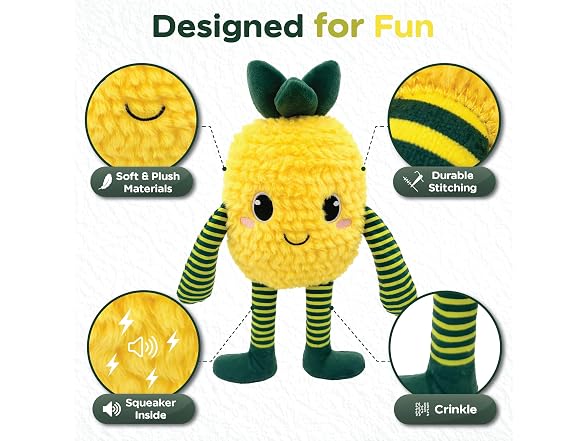 Bow Wow Pet Squeaky Plush Dog Toy with Crinkle, Pineapple