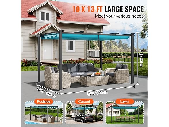 VEVOR 10'x13' Outdoor Retractable Pergola with Canopy