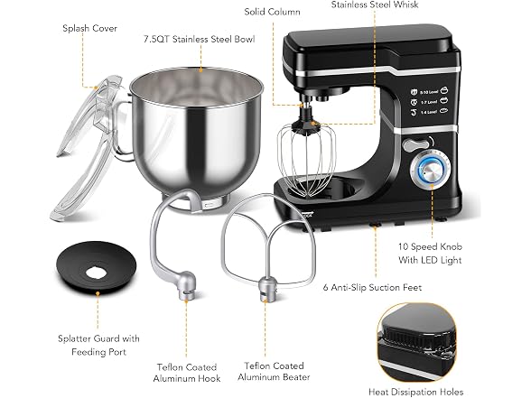Stand Mixer, 7.5 Qt Stand Food Mixer 10 Speed Black