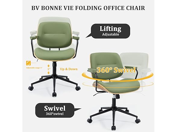 BV Mid Century Modern Office Chair Set of 1, Swivel Rolling Deak Chair with Armrests and Walnut Back, Adjustable Desk Chair for Home Office, Green (Open Box)
