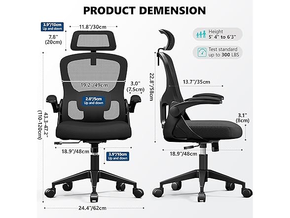 FINATI Ergonomic Office Chair, Mesh Desk Chair with Adjustable Headrest & Lumbar Support, Rolling Computer Chair with Flip-up Armrests, Comfy Swivel Home Office Chair for Long Hours - Black (Open Box)