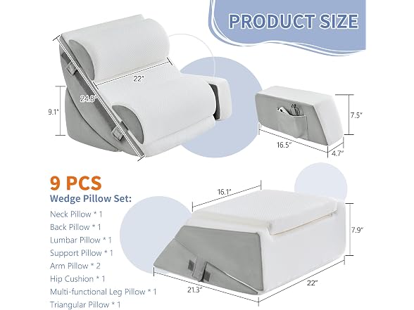paxato 9PCS Wedge Pillow Set Gray