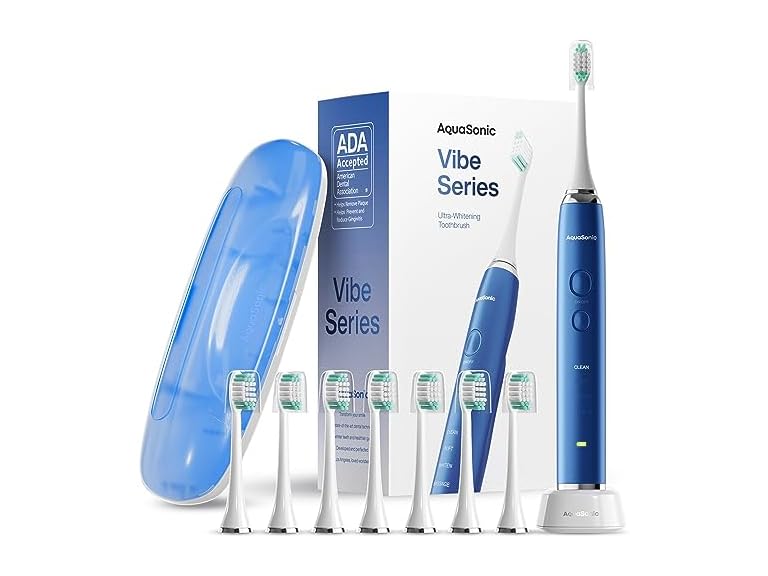 Aquasonic Vibe Series Ultra-Whitening Toothbrush – ADA Accepted Power Toothbrush - 8 Brush Heads & Travel Case – 40,000 VPM Motor & Wireless Charging - 4 Modes w Smart Timer 