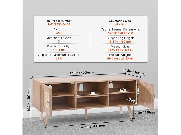 Rattan TV Stand, Mid Century Modern 65inch