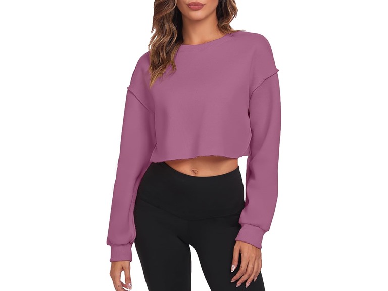 FKEEP Cropped Sweatshirts for Women Long Sleeves Crewneck Pullover Crop Tops Oversized Fit