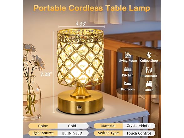 TOBUSA Gold Crystal Rechargeable Cordless Table Lamp