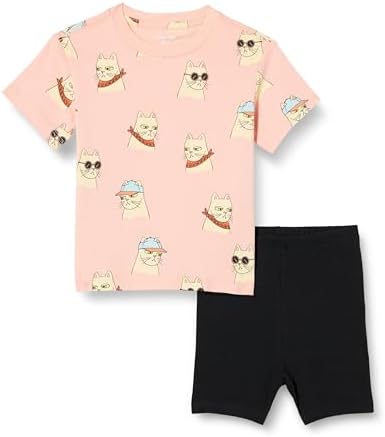 Amazon Essentials Girls' T-Shirt and Bike Short Set, Black/Cool Cat, Large