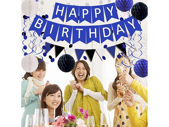 FECEDY Navy Blue White Black Happy Birthday Decor