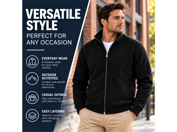 3Pk Mens Fleece Lined Full Zip Knit Sweaters