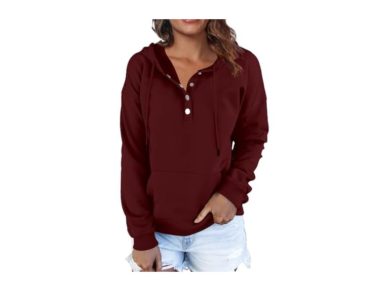 FKEEP Women Hoodies Casual Button Down Sweatshirt Drawstring Long Sleeve Pullover Fall Winter Clothes with Pockets Wine Red