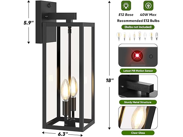 BesLowe Motion Sensor Wall Lights, 18" Black