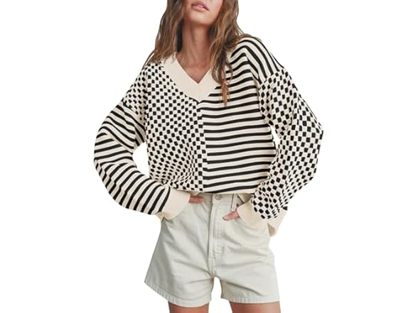 Women’s Checkered Striped Knit Sweater
