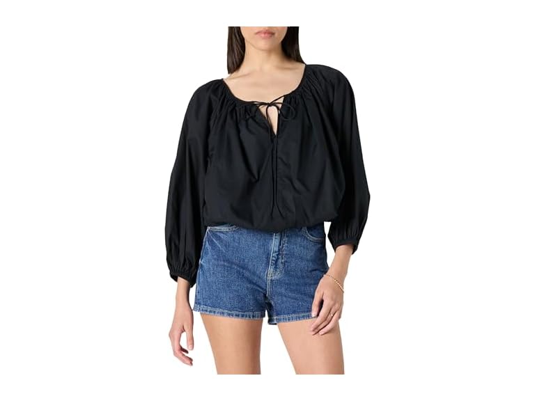 The Drop Women Shirred Neck Cotton Bubble Hem Top