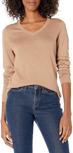 Amazon Essentials Women's Classic-Fit Lightweight Long-Sleeve V-Neck Sweater, Camel Heather, X-Large