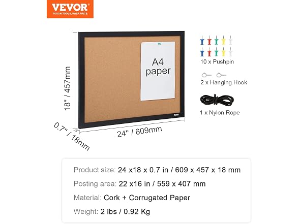 VEVOR Cork Board, 24 x 18 inch