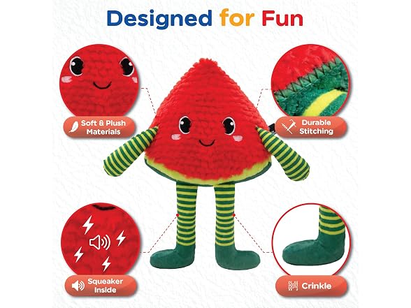 Bow Wow Pet Squeaky Plush Dog Toy with Crinkle, Watermelon