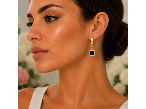 18K Gold Black Square Stone Huggies