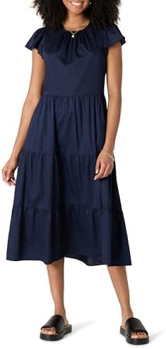 Amazon Essentials Women's Relaxed-Fit Cotton Sateen Crewneck Tiered Midi Dress, Navy, Medium
