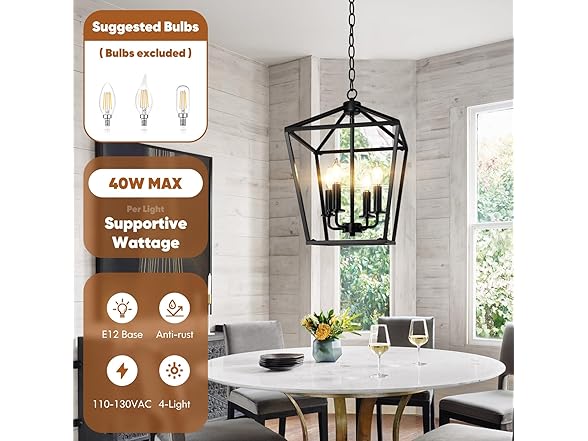 BrightHome Black Farmhouse Chandelier 4-Light