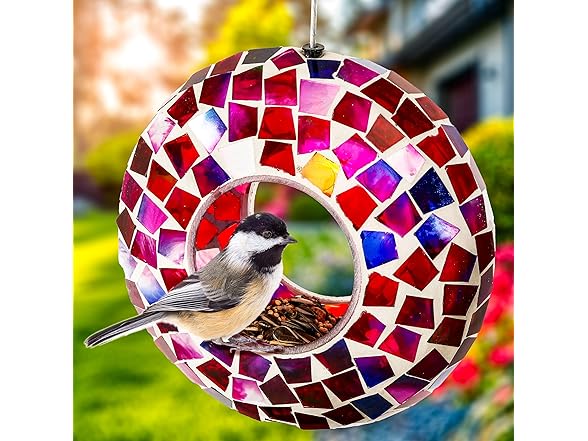 Sunnydaze 6-Inch Glass Mosaic Hanging Bird Feeder, Crimson Mosaic