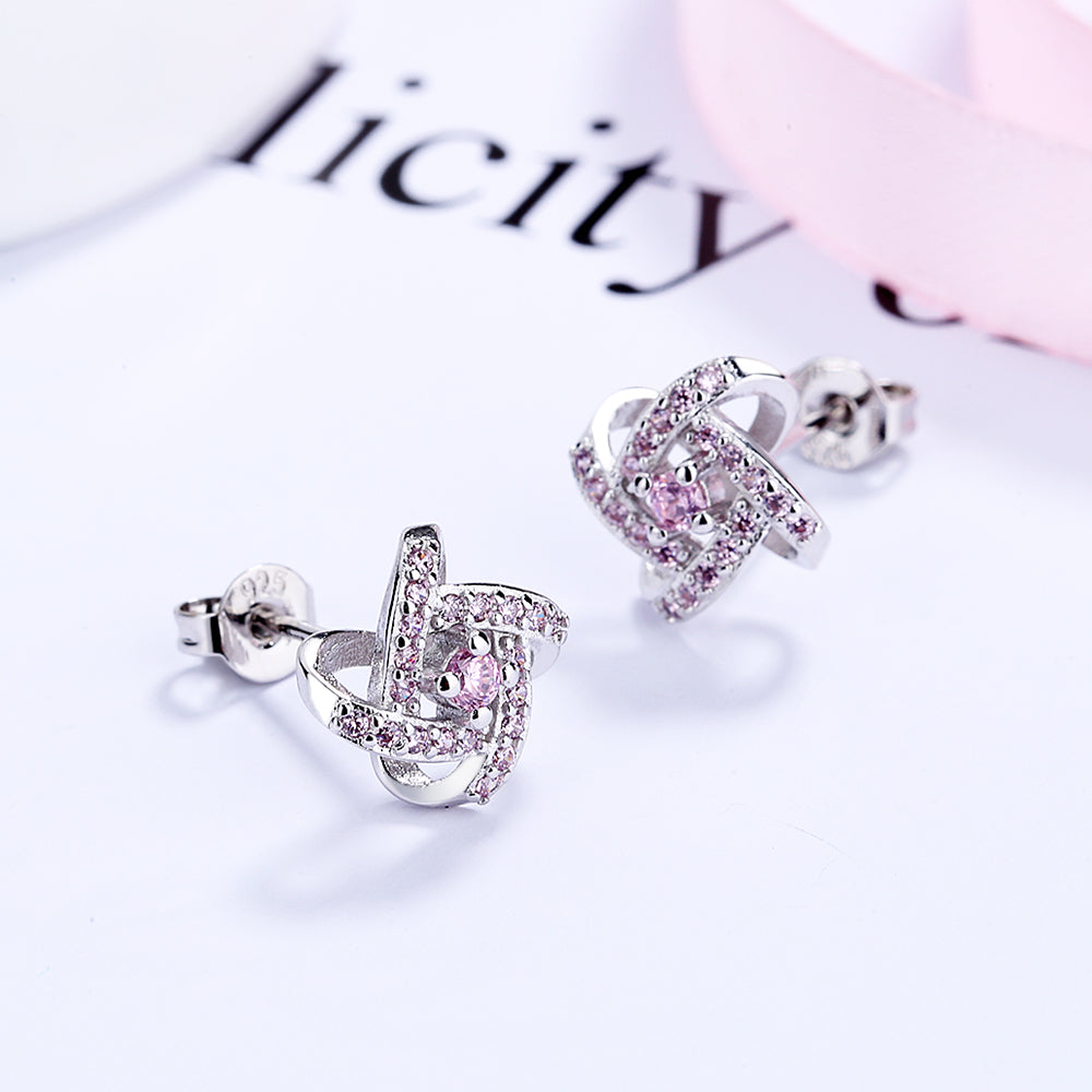 Sterling Silver Pink Knot Stud Earrings - Gallery 4