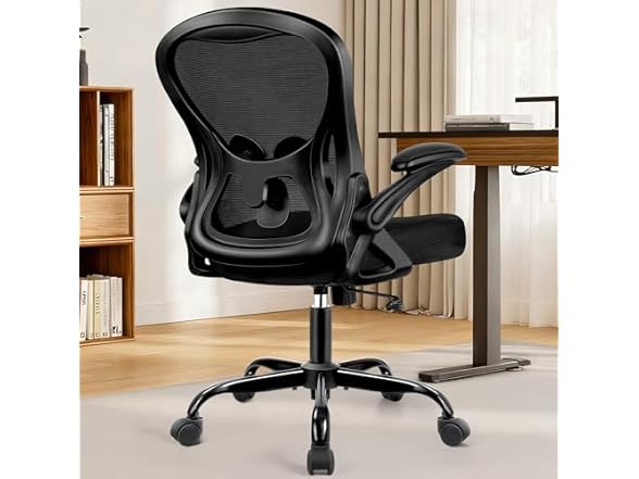BESTFAIR Office Chair, Ergonomic Mesh Desk Chair with Adjustable Lumbar Support & Flip-Up Armrest, Mid Back Computer Chair, Swivel Task Rolling Chair for Home and Office (Black) (Open Box)