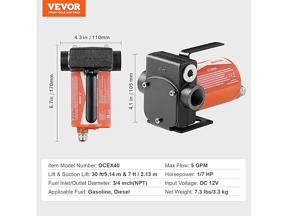 VEVOR Fuel Transfer Pump, 12V DC 5 GPM 1/10 HP
